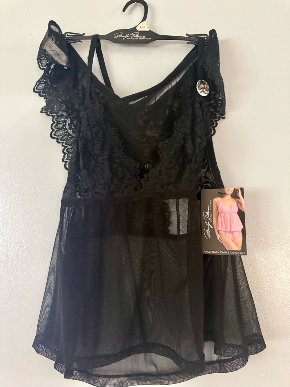 MARILYN MONROE INTIMATES Black Lace Racerback Cami Babydoll Tanga Set - Size L/G